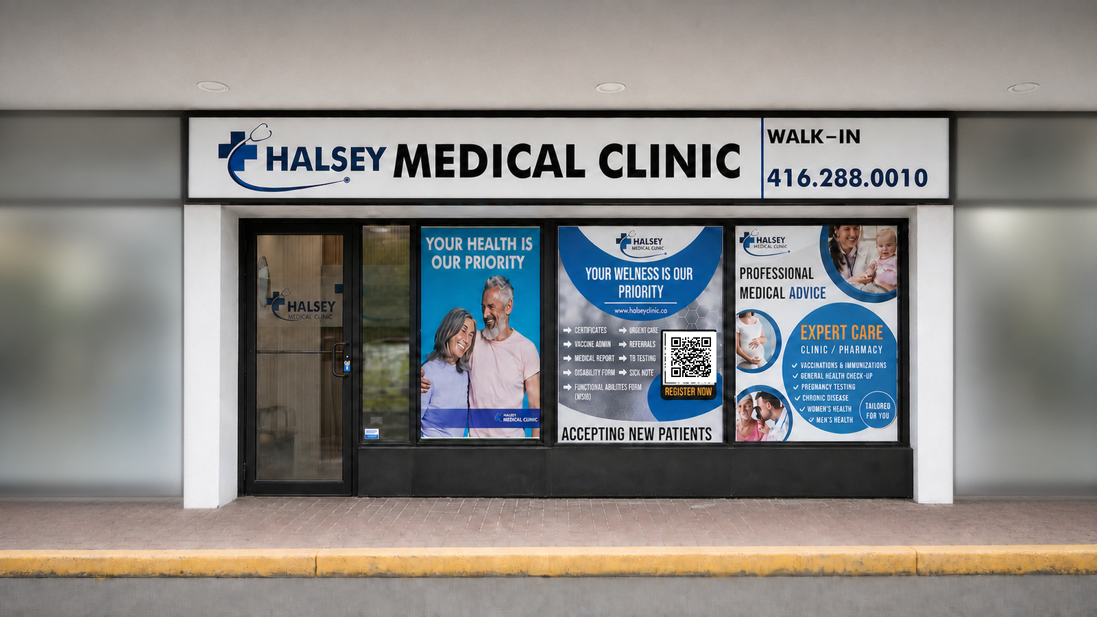 Halsey Medical Clinic storefront and walk-in entrance in East York